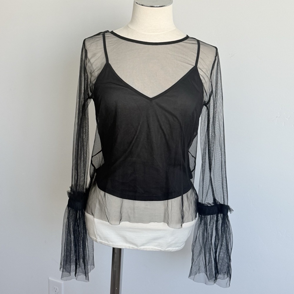 Black Sheer Blouse Top L Goth Witchy 90s Vamp Bell Sleeve Dark Romantic